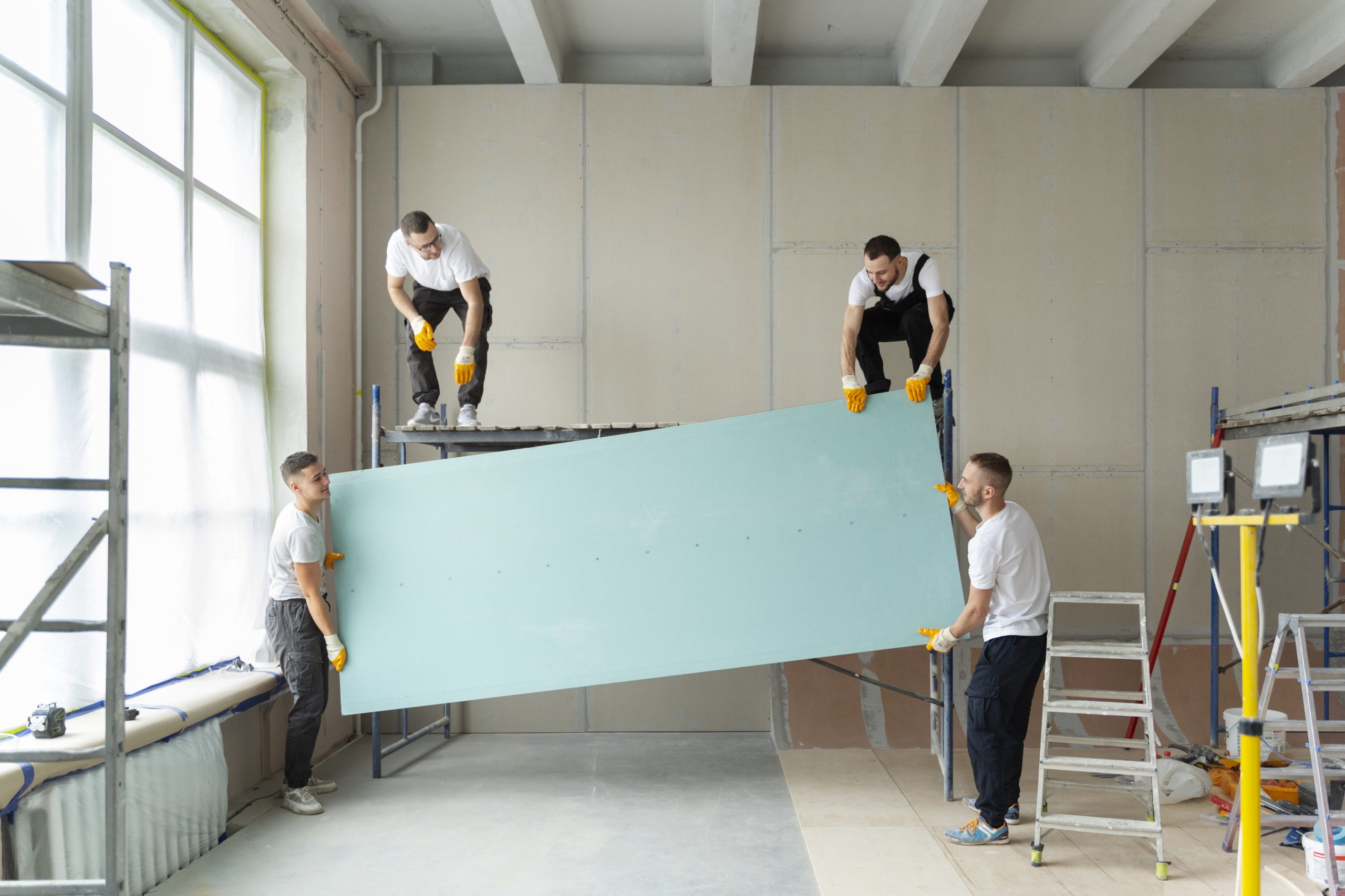 full-shot-people-carrying-placard-together drywall installation pro