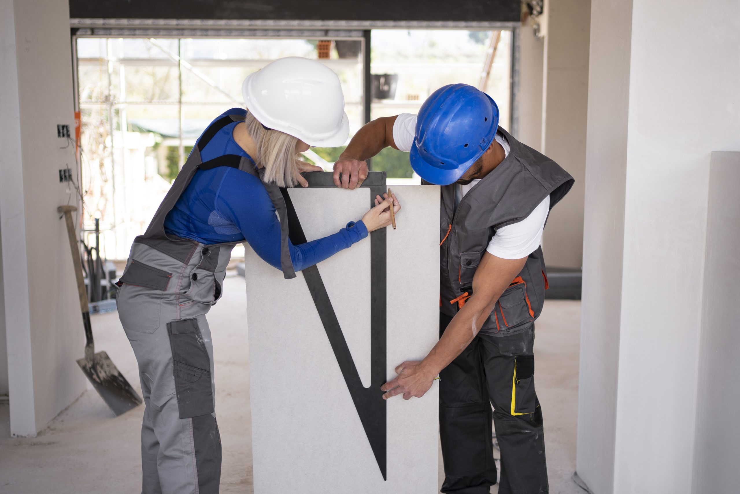 side-view-people-working-together no lumps no mud in drywall installation