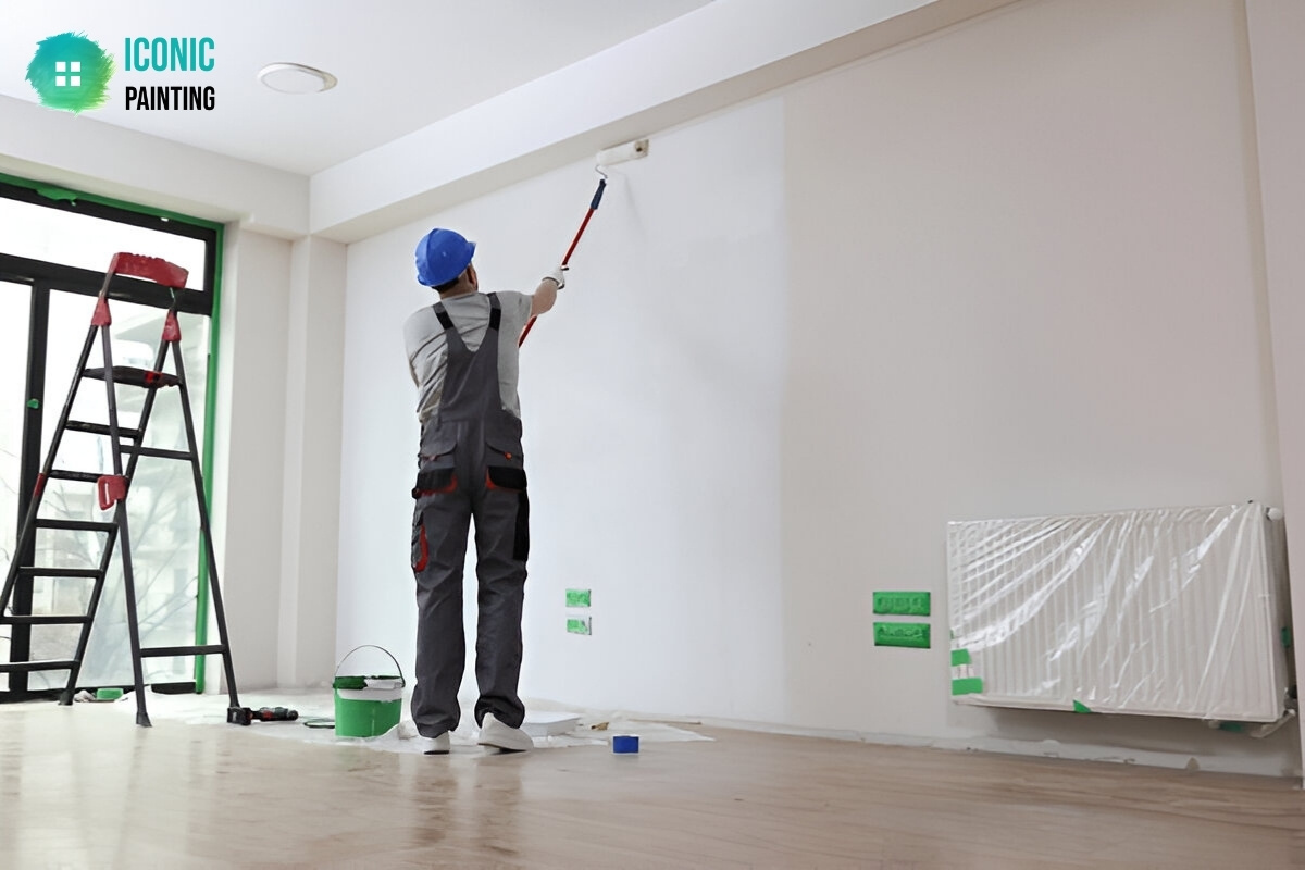 worker in blue helmet painting wall with roller